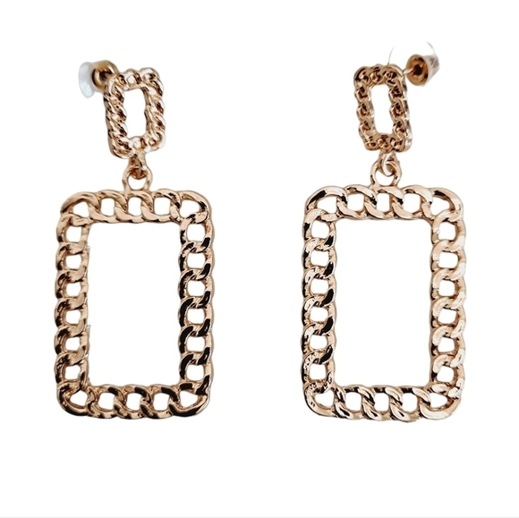 Gold Statement Earrings Metallic chunky chain link‎ square Retro💖2/$30 - Picture 5 of 13
